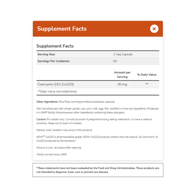 NOW - CoQ10 30 mg (60 Veg Capsule) - Nutritional Facts