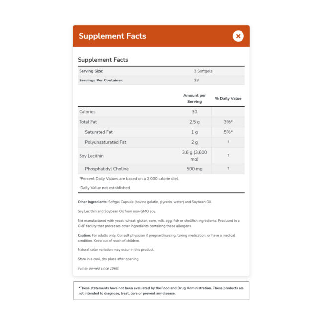 NOW - Lecithin 1200 mg (100 Softgels) - Nutritional Facts