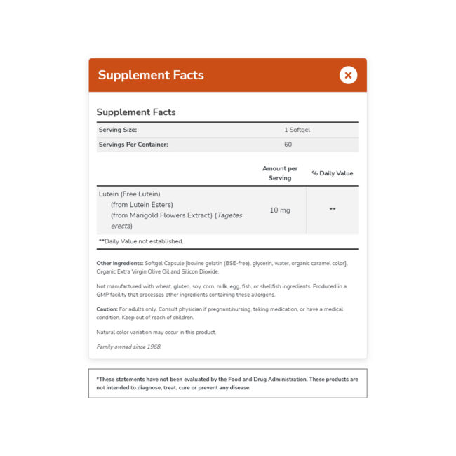NOW - Lutein 10 mg (60 Softgels) - Nutritional Facts