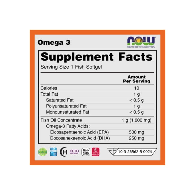 NOW - Omega 3 EPA500 DHA250 From Fish Oil (180 Softgels) - Nutritional Facts